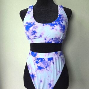 Pink Lily Women's Blue Pink Tie Dye High Waist 2 Piece Bikini Medium